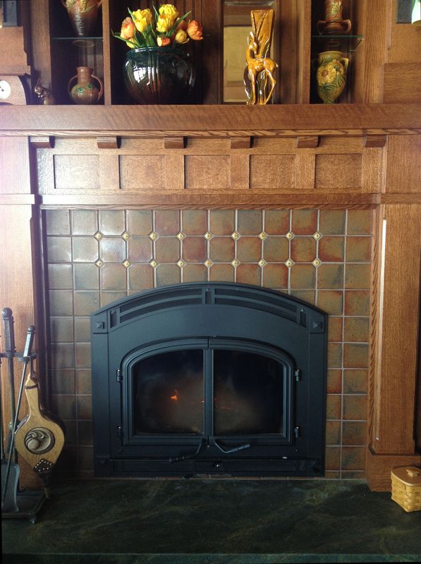 Craftsman fireplace surround with glazed dot inserts