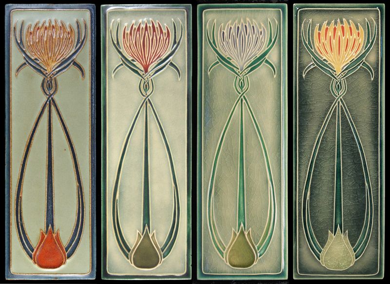 Thistle relief tiles in four glaze combinations